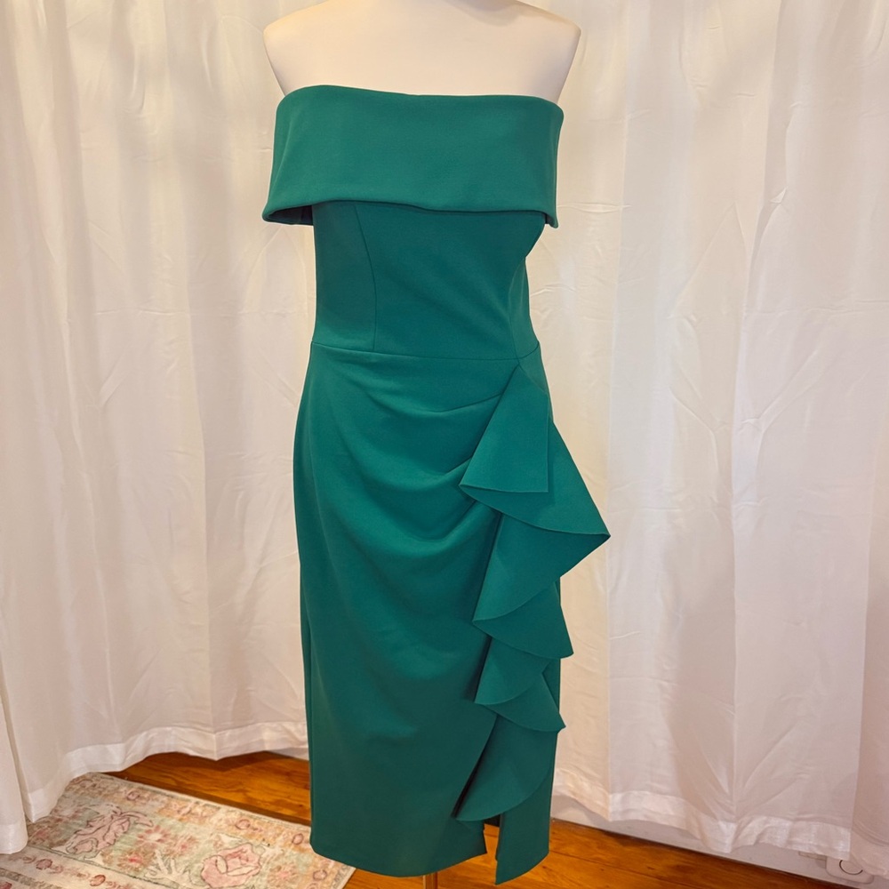 KOURTNEY SCUBA CREPE OFF THE SHOULDER RUFFLE MIDI DRESS